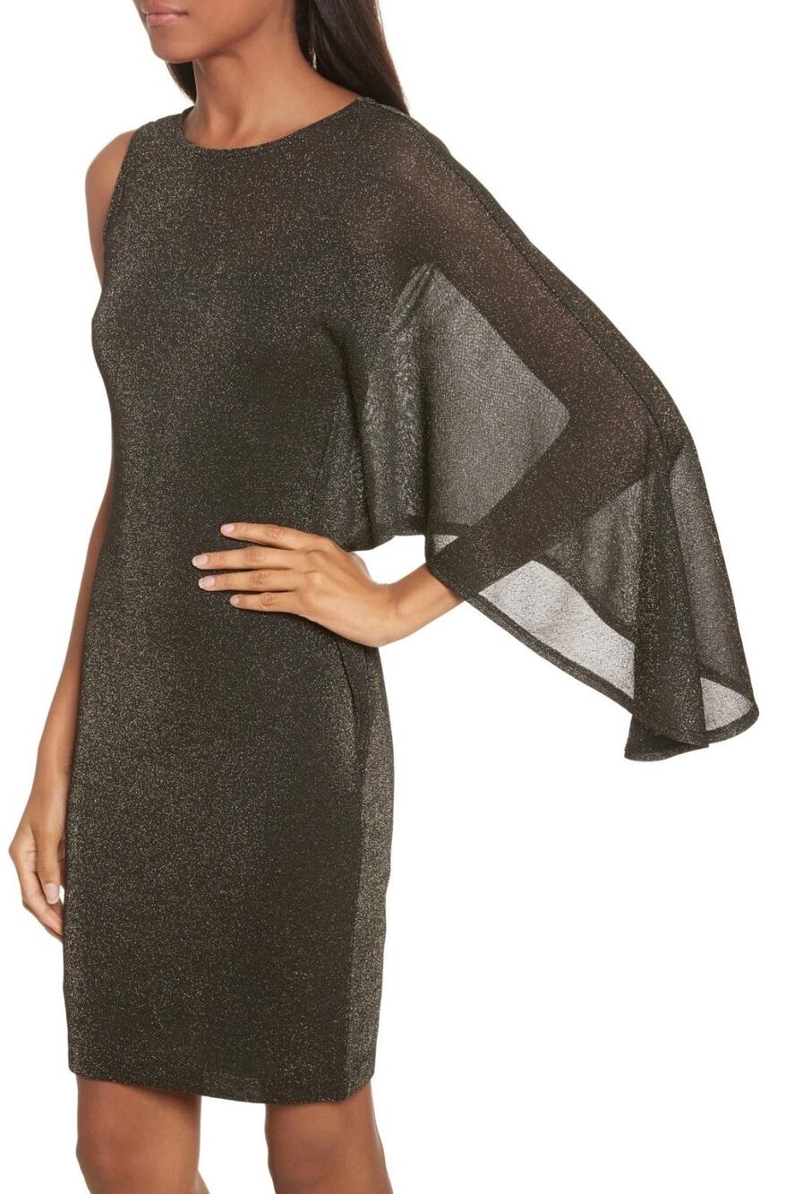 Ted Baker Monyca Draped One Shoulder Dress Black Gold Metallic Shimmer Sz1 US 4